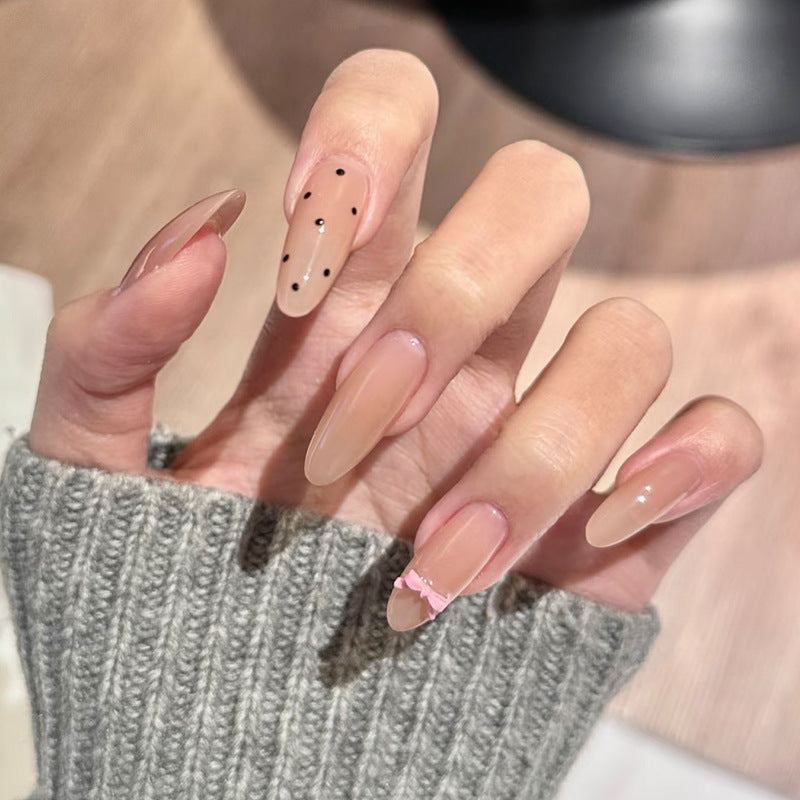 Elegant Press-On Nail Set with Chic Black Dots and Decorative Bow Bowlift