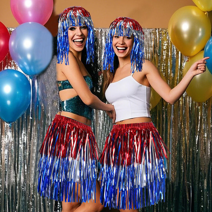 Women's nan metallic foil fringe hula skirt with elastic waistband party costume Bowlift