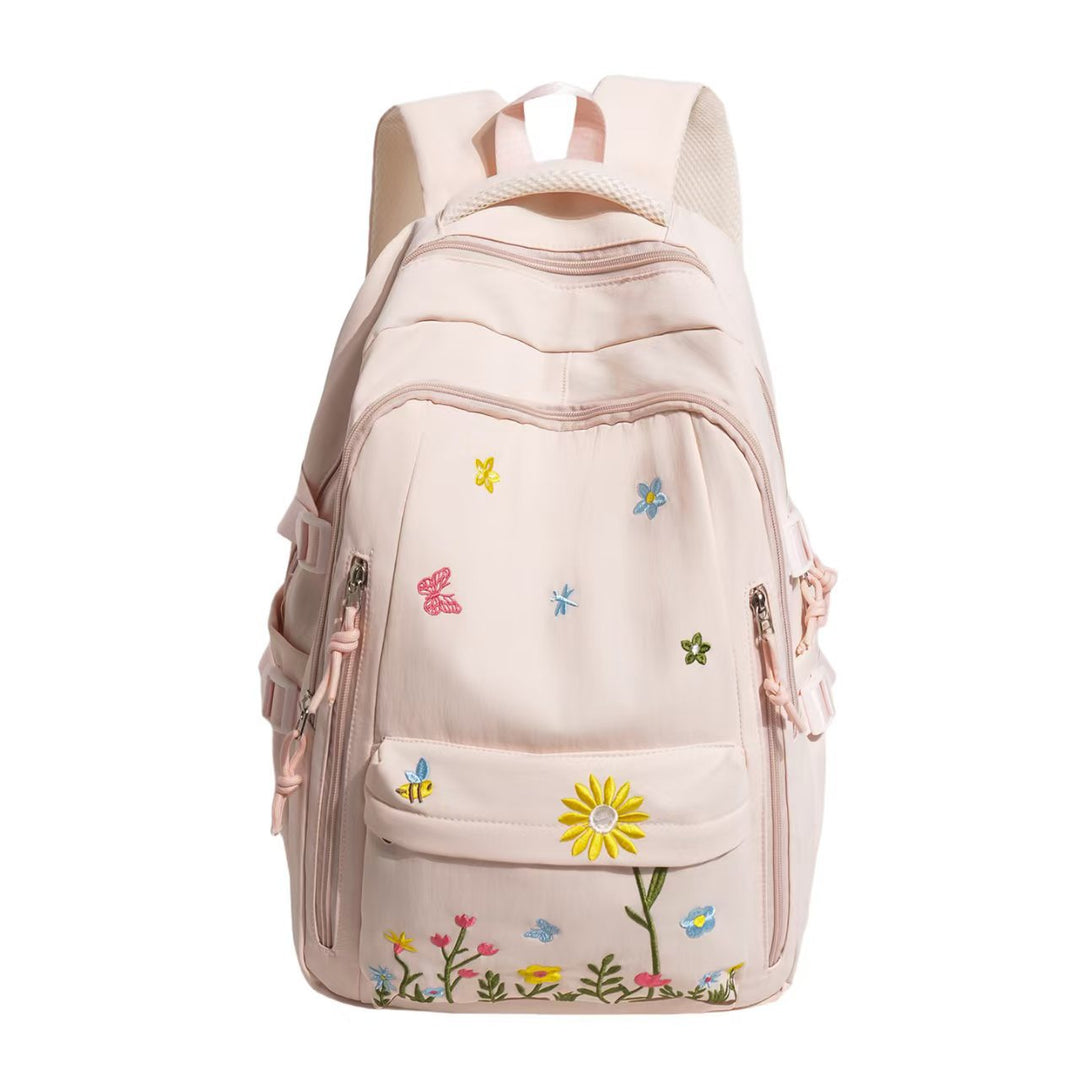 Backpack with Floral Embroidery Pattern and Practical Compartments Bowlift