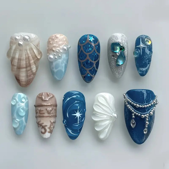 Artistic Ocean-Themed Press-On Nail Art Bowlift
