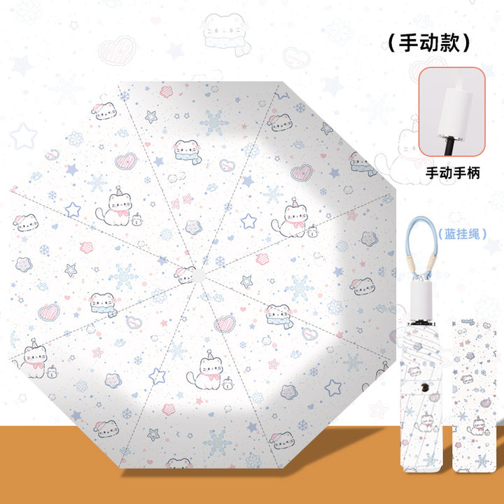 Women's folding umbrella with automatic opening mechanism and playfully themed design Bowlift