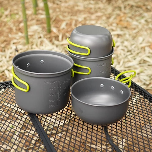 lightweight nesting anodized camping cookware set with folding silicone handles and measurement marks Bowlift