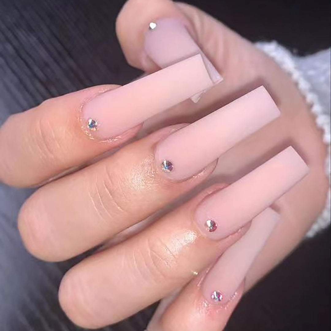Long Matte Square Press-On Nails with Rhinestone Accents Bowlift