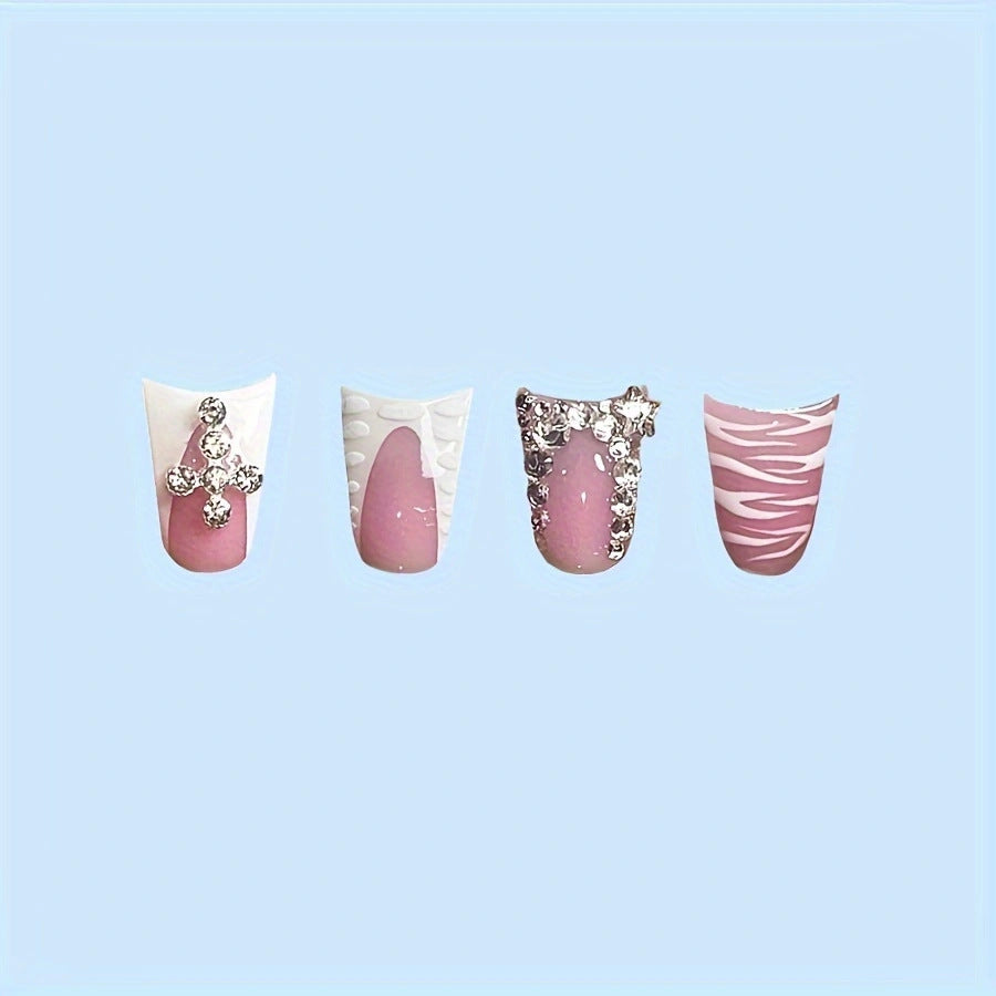 Decorative Press-On Nail Art Set with Gemstone Accents Bowlift