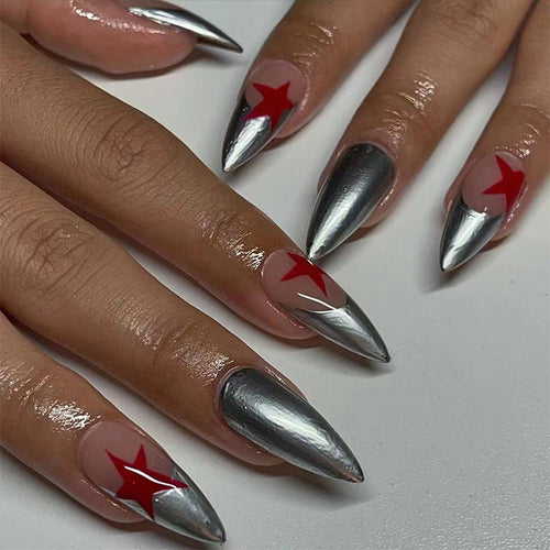 Artful stiletto nails with silver and star motifs Bowlift