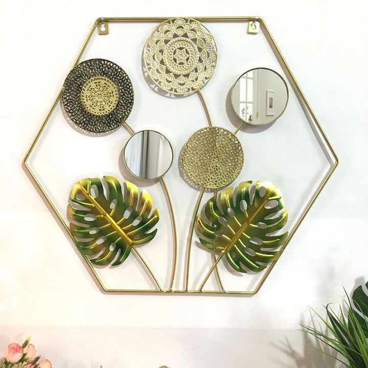 Decorative Metal Wall Art with Tropical Leaf and Mirror Design Bowlift