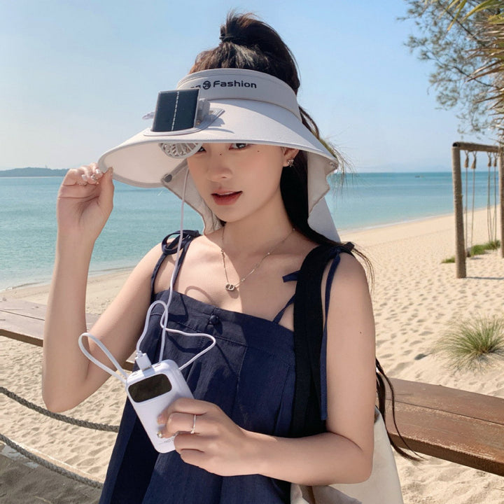 Visor with integrated solar fan, solar module, and neck protection Bowlift