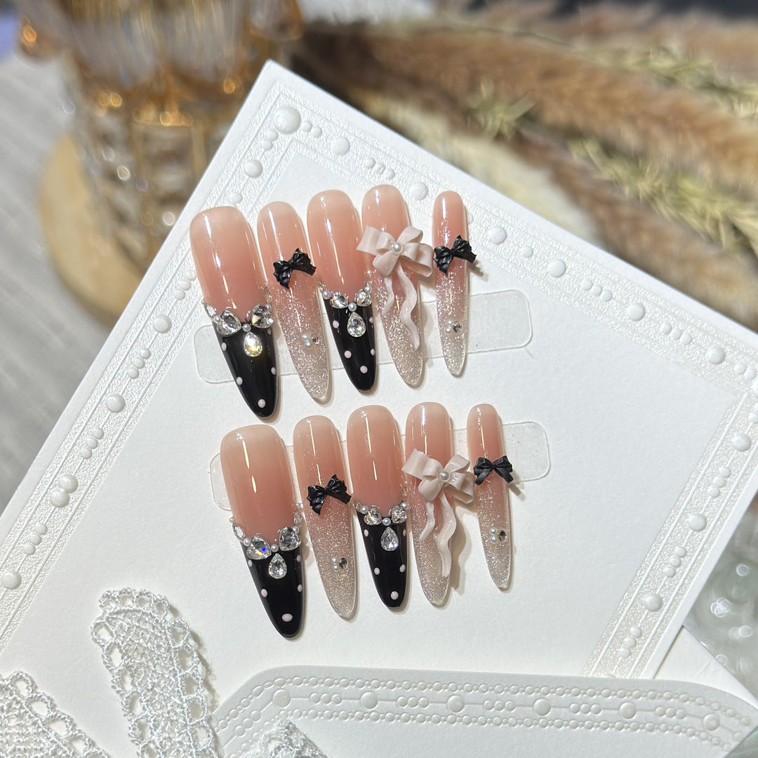 Glamorous Stiletto Press-On Nail Set with Decorative Bow and Gemstone Accents Bowlift