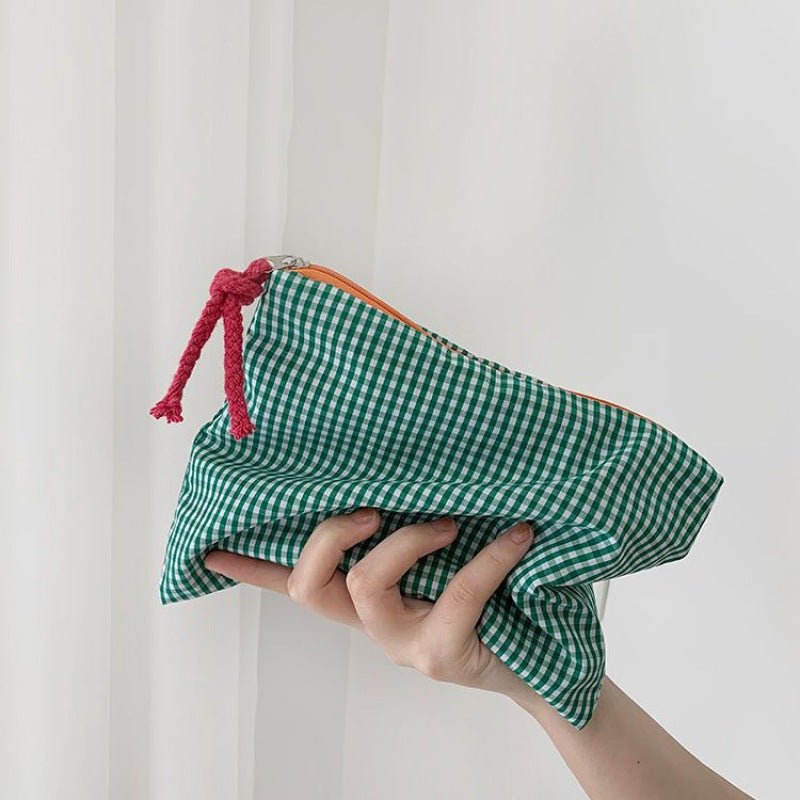 Checked Cotton Zip Pouch with Tassel Accent Bowlift