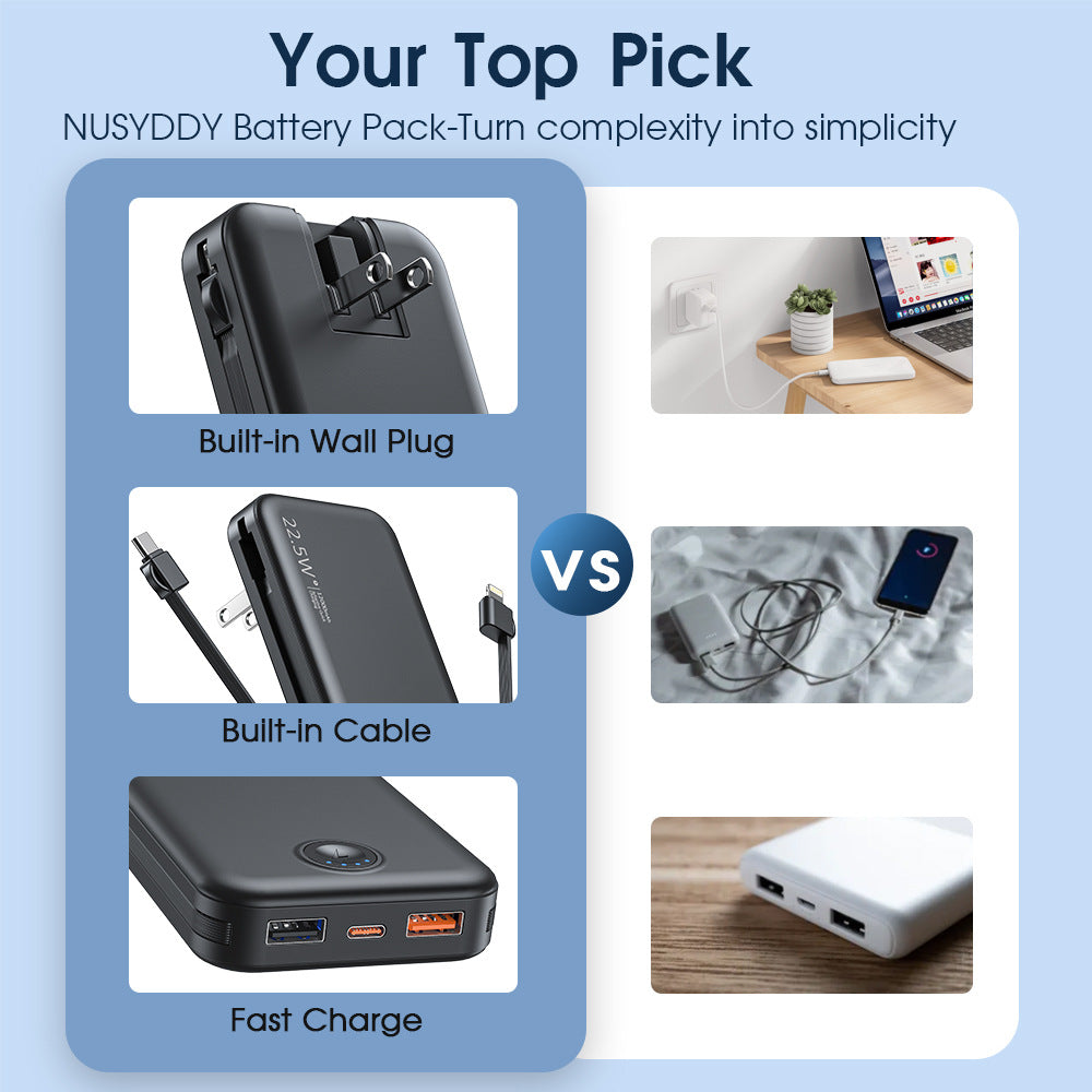 Powerbank with Integrated Wall Plug and Dual Charging Function Bowlift