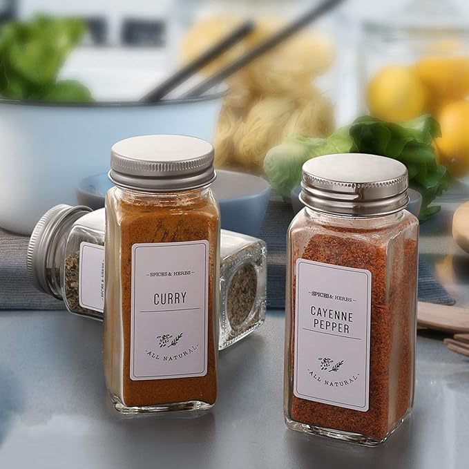 Glass Spice Jar Organization Kit with Labeled Bottles and Filling Funnel Bowlift