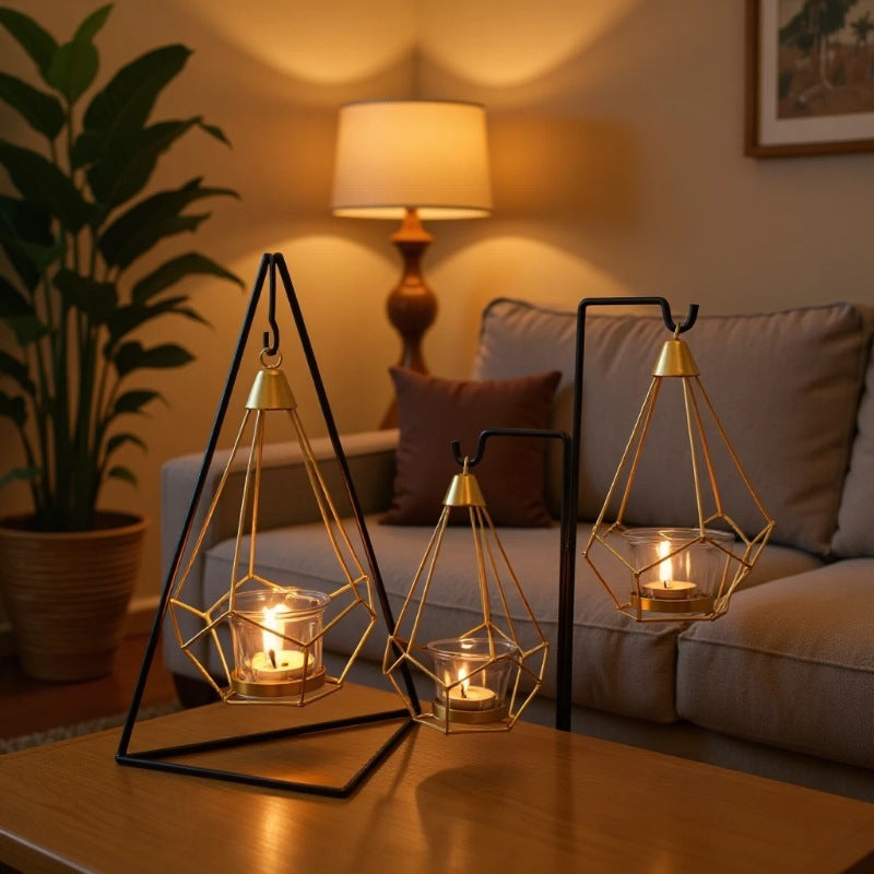 Decorative Geometric Hanging Tealight Candle Holder Set with Metal Stands and Glass Votives Bowlift