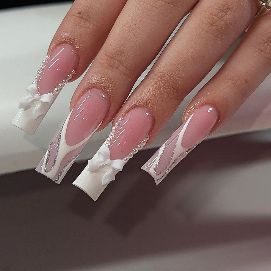 Decorative Long Coffin Nail Extensions with Bow Accents Bowlift