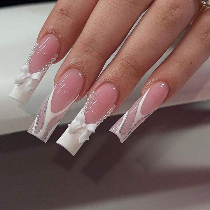 Decorative Long Coffin Nail Extensions with Bow Accents Bowlift