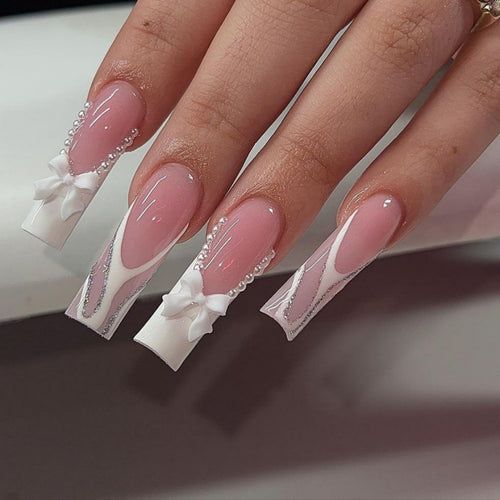 Decorative Long Coffin Nail Extensions with Bow Accents Bowlift