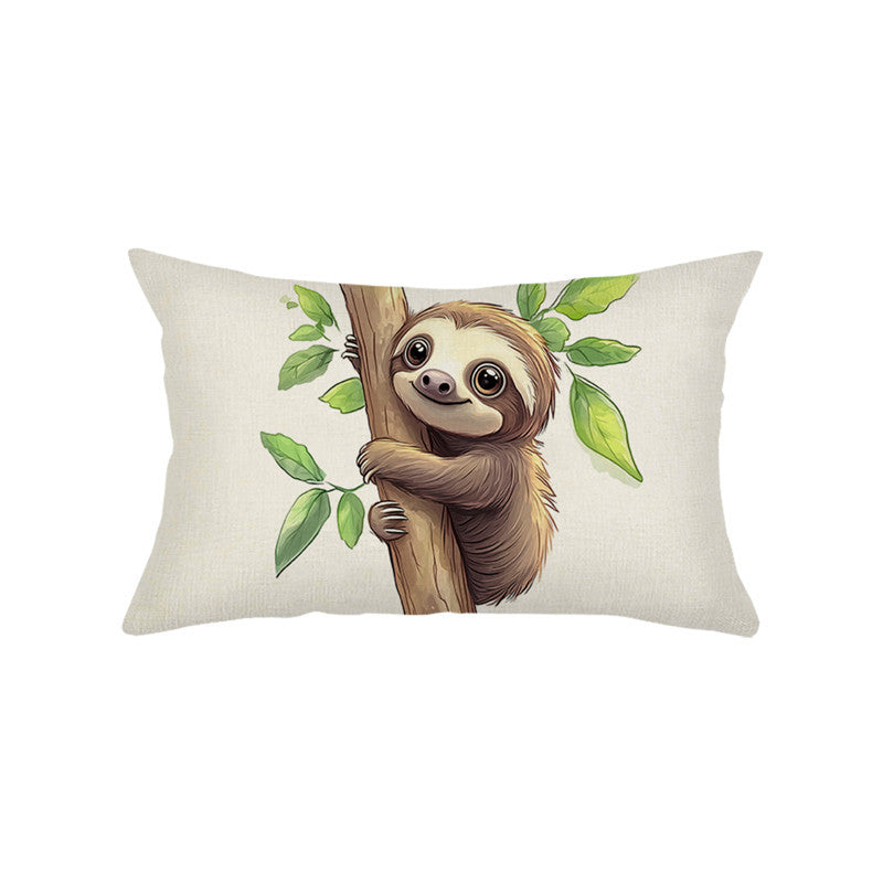 Rectangular Linen-Texture Decorative Throw Pillow Cover with Kitten and Wildflower Watercolor Print