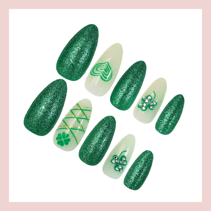 Artificial nail set with glamorous glitter and lucky designs Bowlift