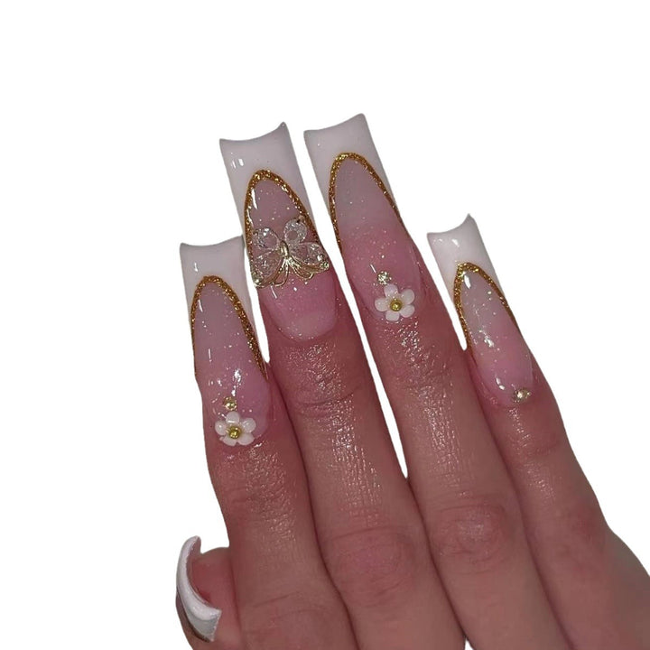 Elegant Gold Accented Stiletto Nail Extensions Bowlift