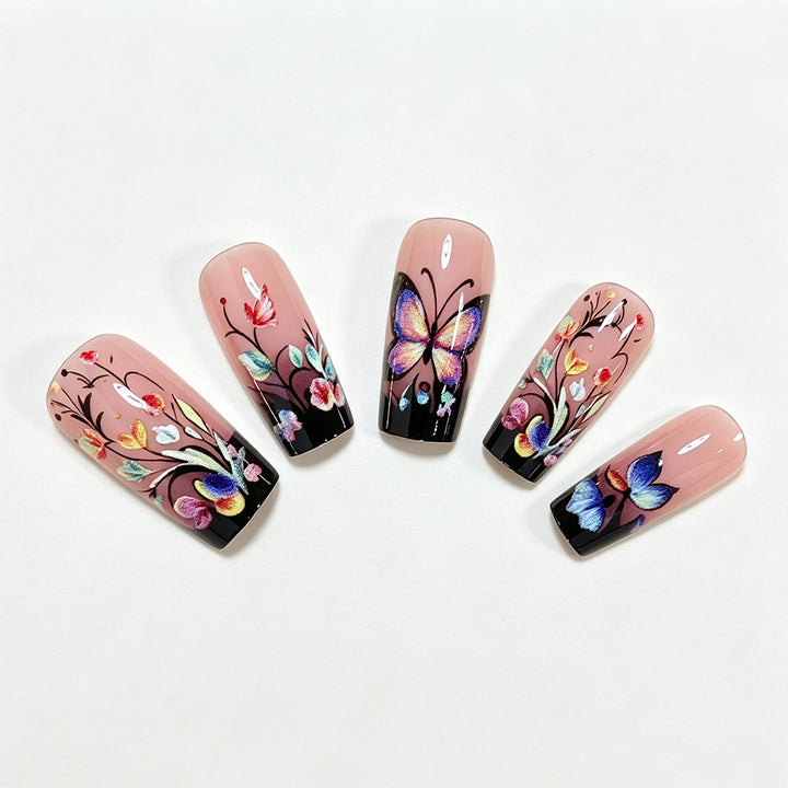 Artistic Floral and Butterfly Press-On Nail Art Bowlift