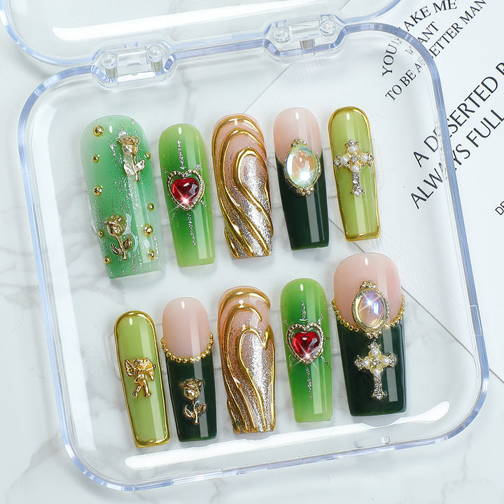 Acrylic nail set with glamorous crystal and floral design Bowlift