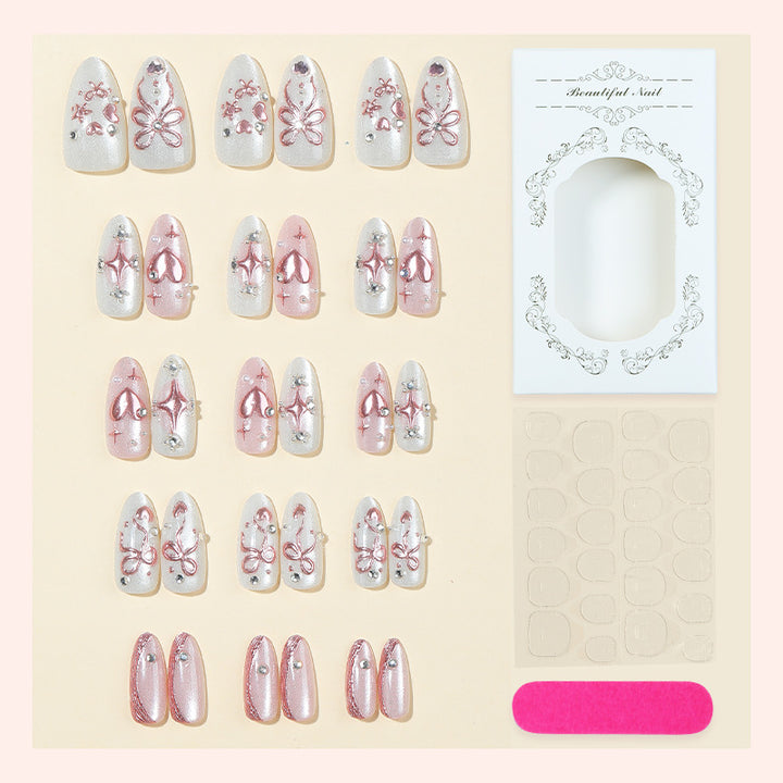 Decorative Press-On Nail Art Set with Floral and Gem Accents Bowlift