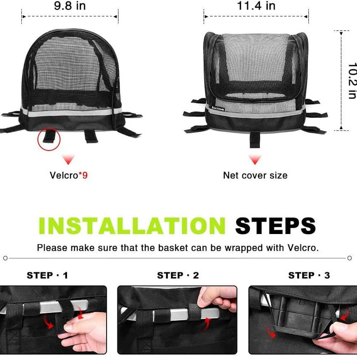 front-mount bicycle pet carrier basket with mesh canopy, reflective trim and adjustable straps Bowlift