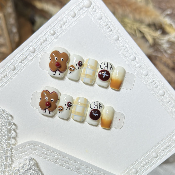 Whimsical Gingerbread Press-On Nail Art Set Bowlift