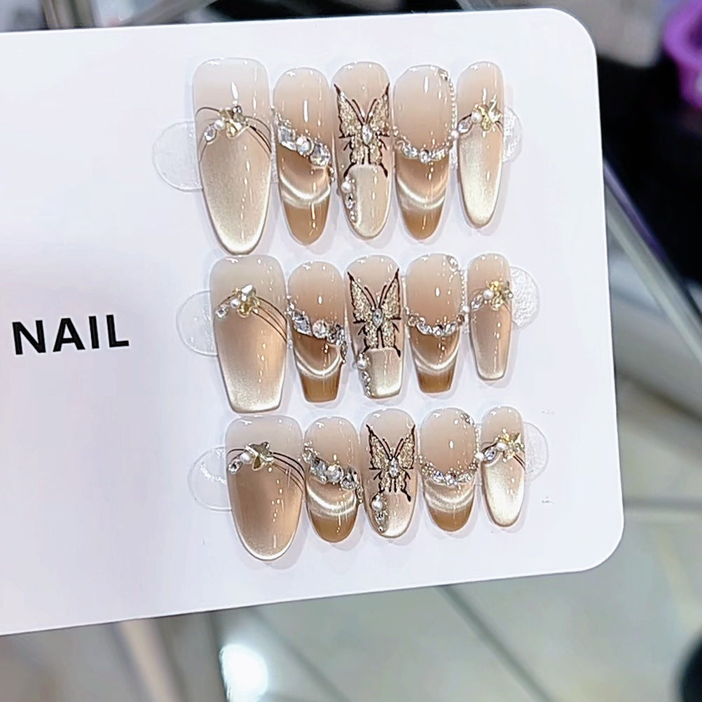 Artistic Butterfly and Pearl-Embellished Press-On Nail Set Bowlift