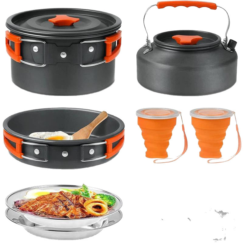 lightweight nonstick anodized aluminum camping cookware set with folding-handle pot and kettle, collapsible silicone cups, stainless plates and cutlery Bowlift