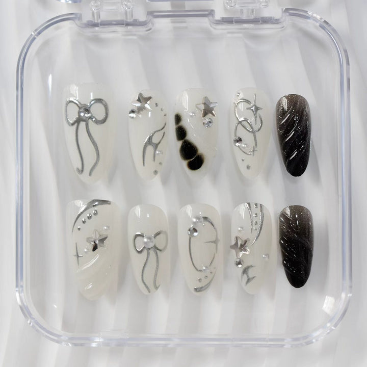Creative Press-On Nail Art Set with Elegant Silver Accents Bowlift