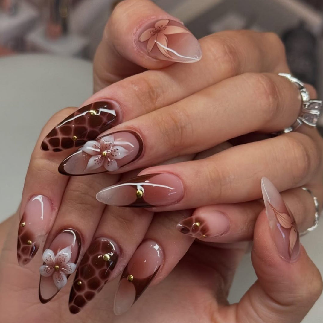 Artful Nail Extensions with Floral Accents Bowlift