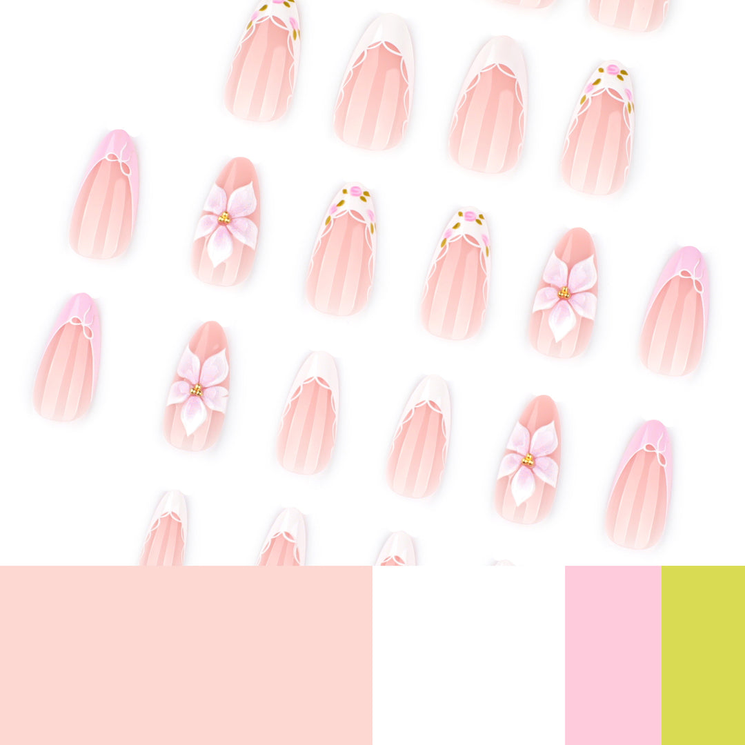 Artful nail extensions with delicate floral pattern and elegant accents Bowlift
