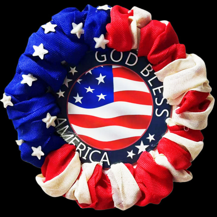 Unisex nan patriotic burlap ruffle wreath with printed God Bless America medallion Bowlift