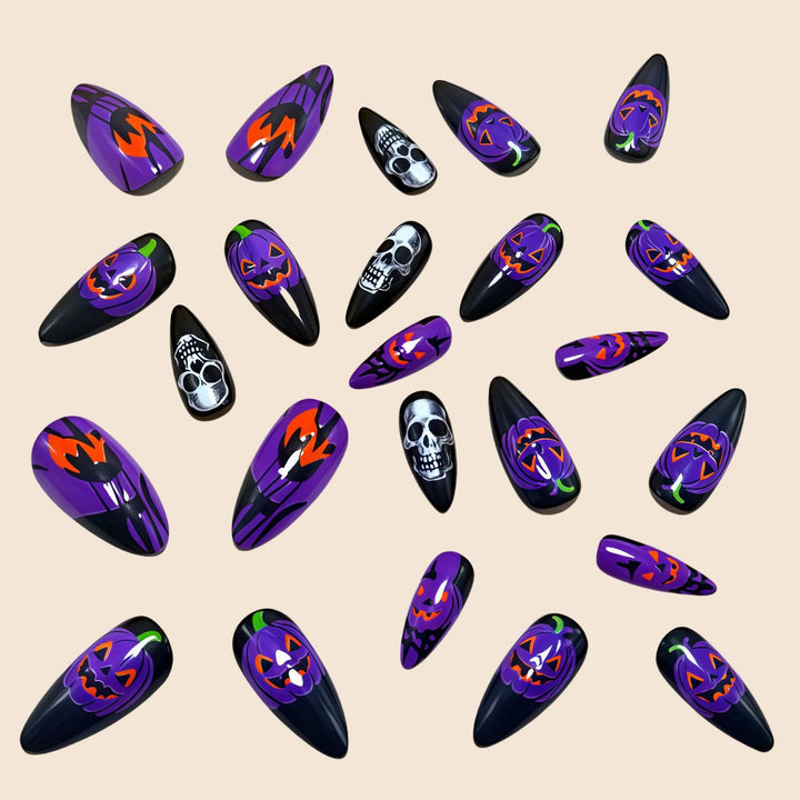 Halloween Artificial Nails with Creepy Pumpkin and Skull Design Bowlift