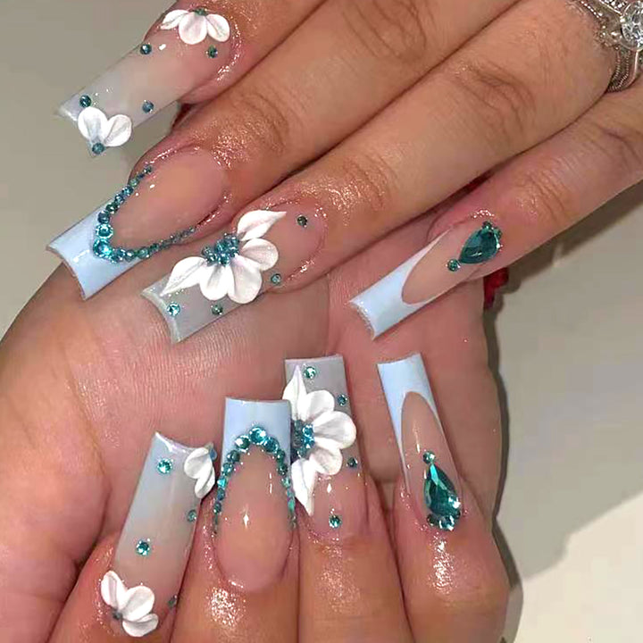 Floral-Designed Press-On Nail Set with Decorative Gem Accents Bowlift
