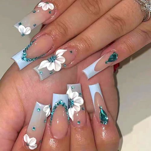 Floral-Designed Press-On Nail Set with Decorative Gem Accents Bowlift