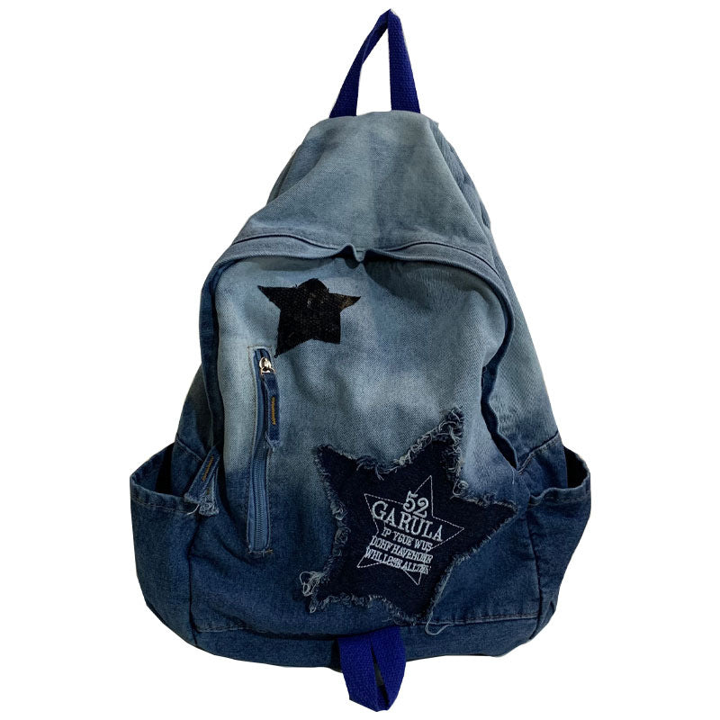Denim Star Appliqué Casual School Backpack Bowlift