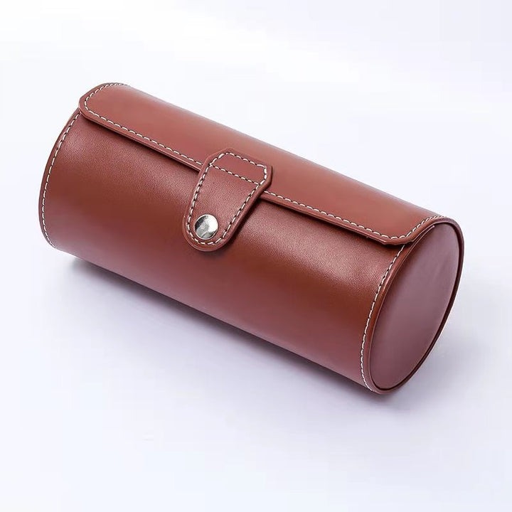 Cylindrical PU Leather Travel Watch Roll Case with Snap Closure Bowlift