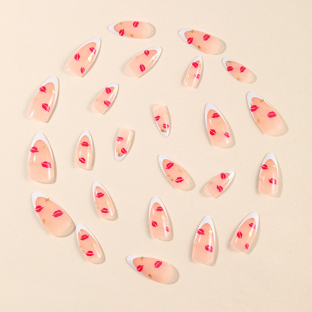 Elegant Kiss Print French Tip Nail Art Extensions Bowlift