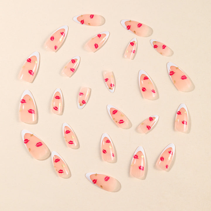 Elegant Kiss Print French Tip Nail Art Extensions Bowlift