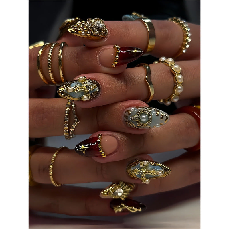 Artistic Decorative Press-On Nail Set with Gemstone and Pearl Accents Bowlift