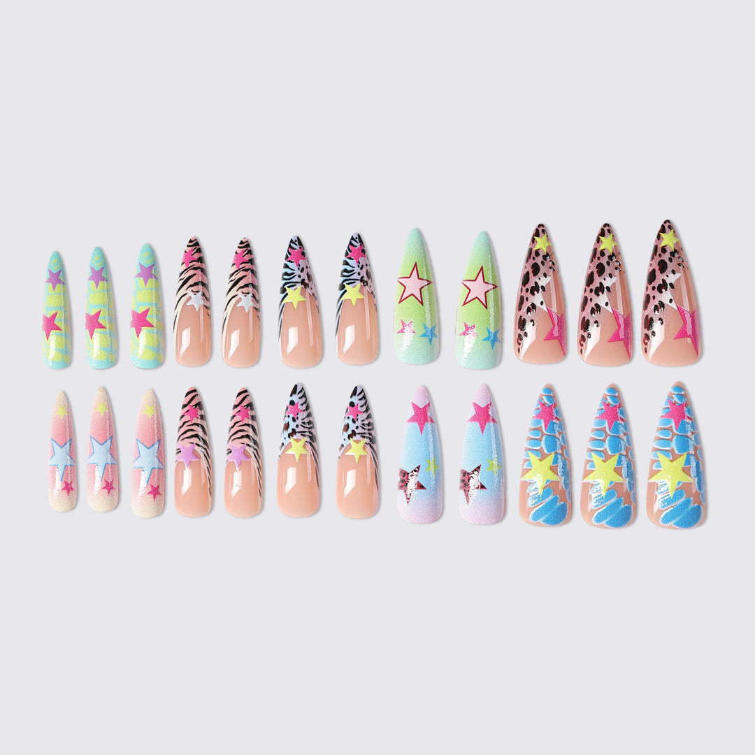 Artistic Press-On Nail Set with Colorful Star Patterns Bowlift
