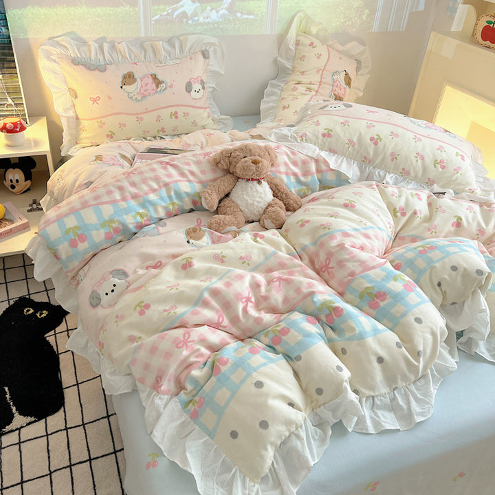 Playful ruffled bedding set with illustrative dollhouse motif
