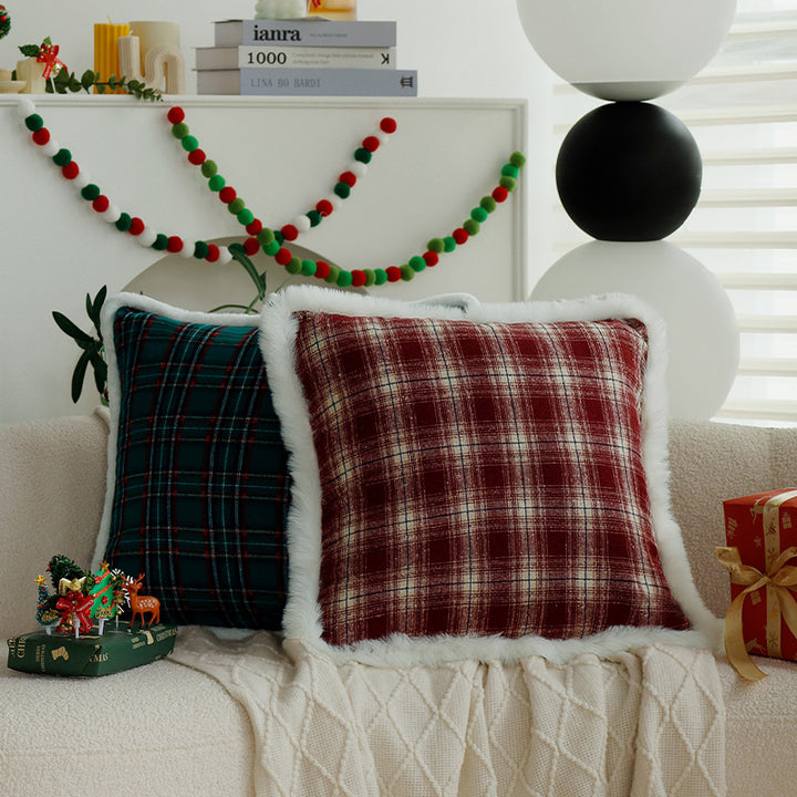 Checked flannel decorative pillow cover with teddy trim and concealed zipper Bowlift