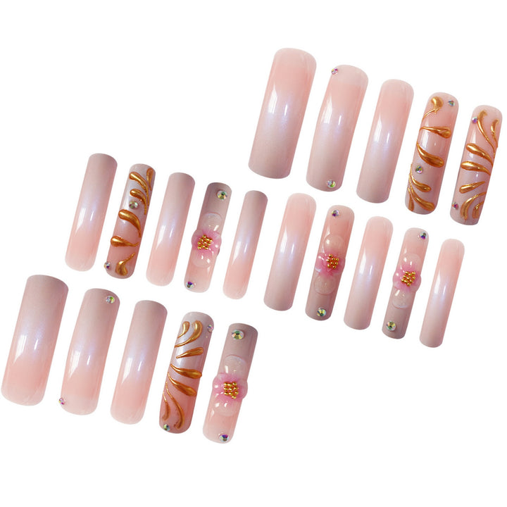 Glamorous 3D Floral Press-On Nails with Gold Accents Bowlift