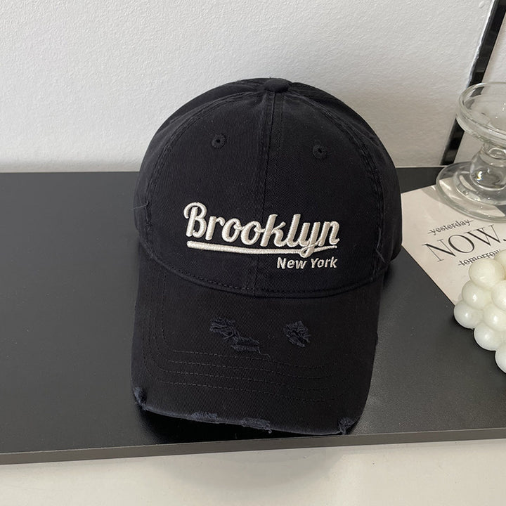 Distressed Cotton Baseball Cap with Brooklyn Embroidery