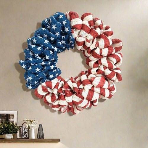 Unisex nan patriotic burlap wreath with ruffled looped design and stars and stripes motif for front door Bowlift