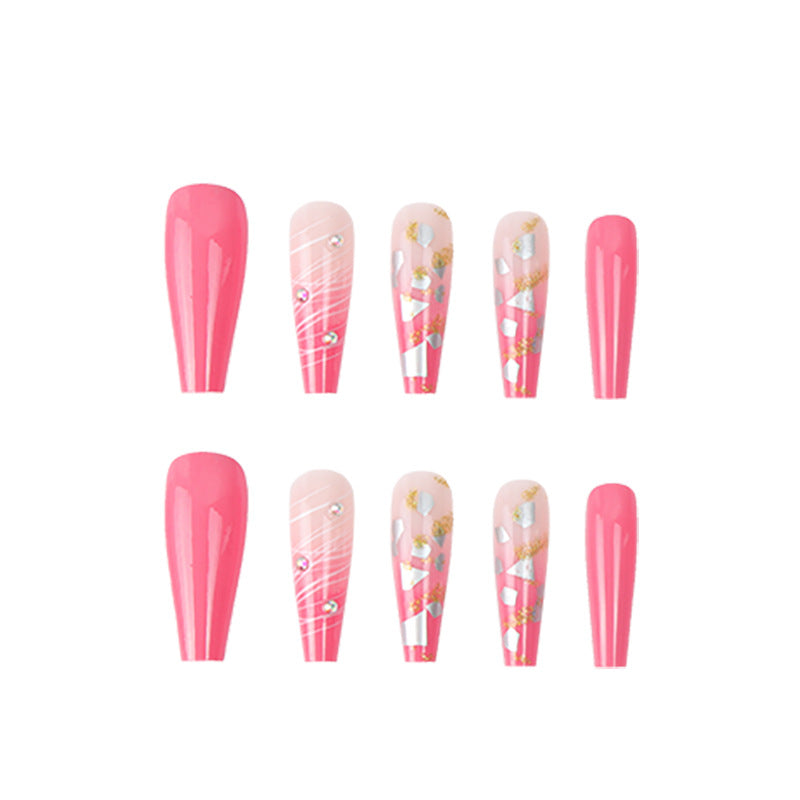 Decorative Long Press-On Nails with Rhinestone Accents and Glitter Bowlift