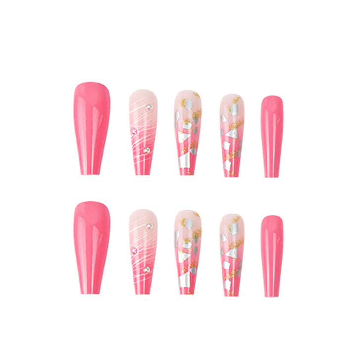 Decorative Long Press-On Nails with Rhinestone Accents and Glitter Bowlift