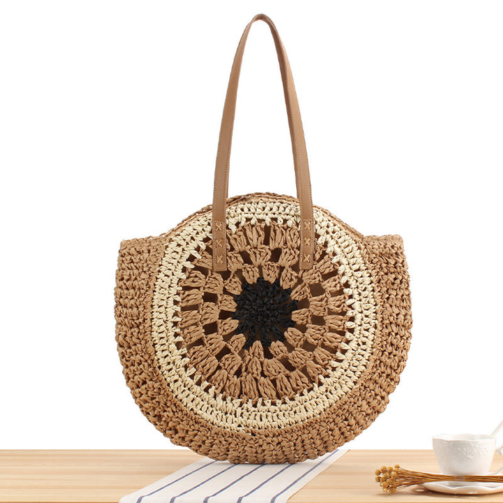 Round Bast Tote Bag with Handwoven Design Bowlift